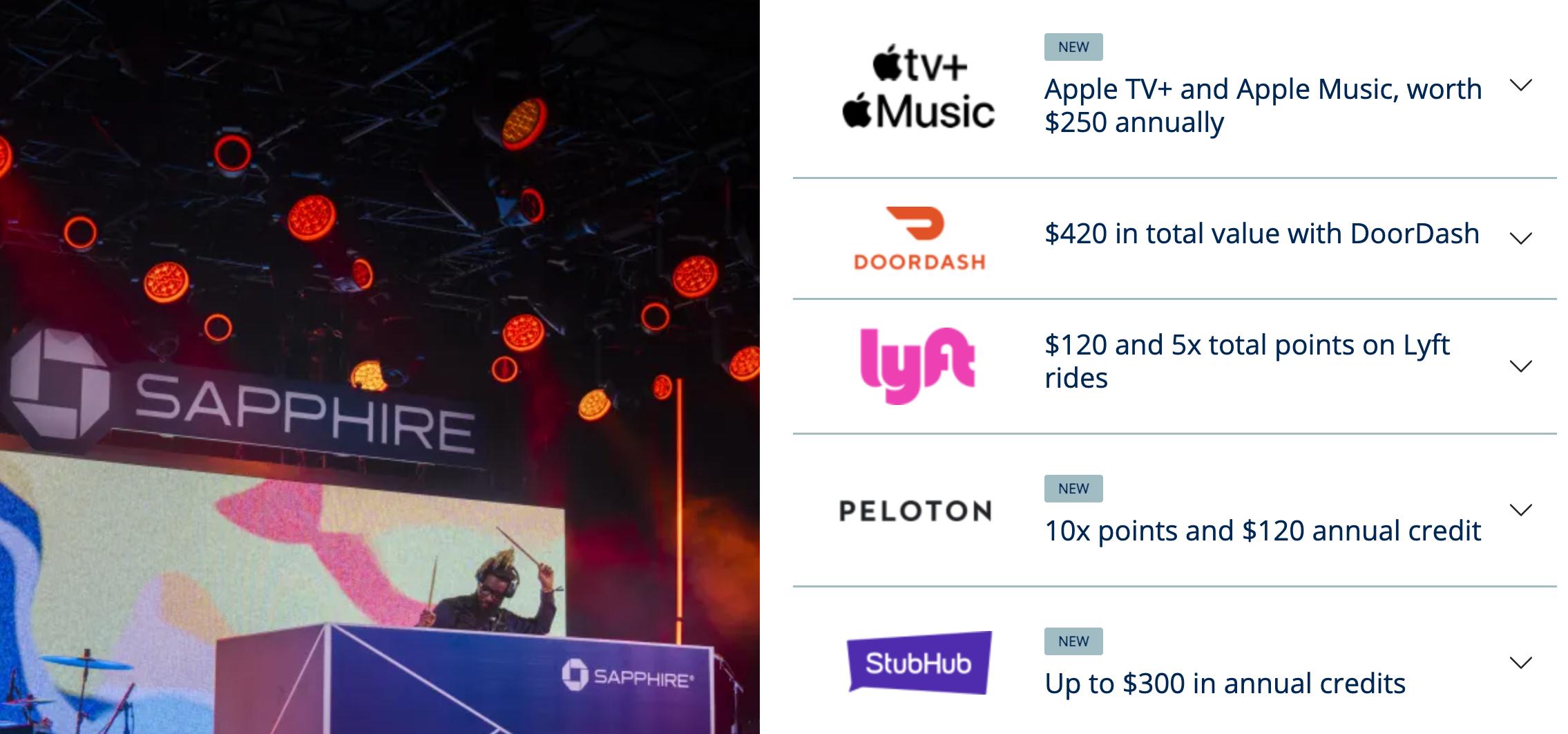 Chase Sapphire Reserve Lifestyle Credits: Apple TV+ & Apple Music, DoorDash, Lyft, Peloton, and StubHub